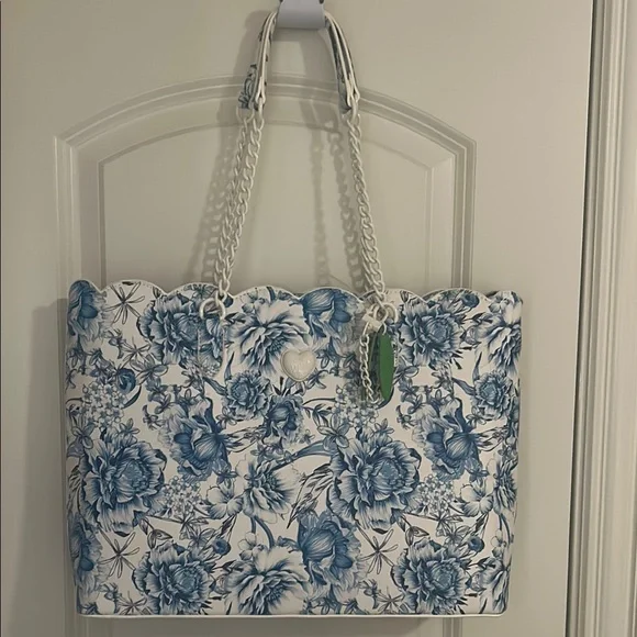 Betsey Johnson Blue Floral Scalloped Edge Tote Bag w/ Chain Straps | NWT - Picture 5 of 13